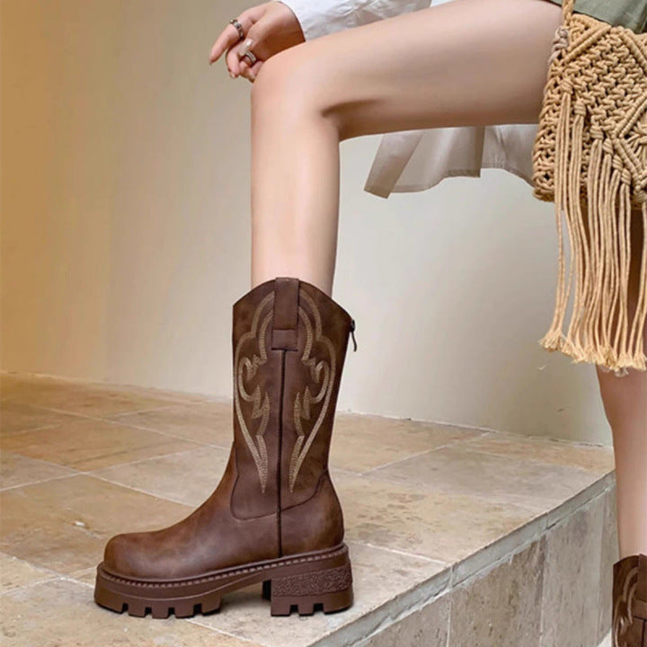 Retro soft leather thick-soled versatile mid-calf boots star_border
