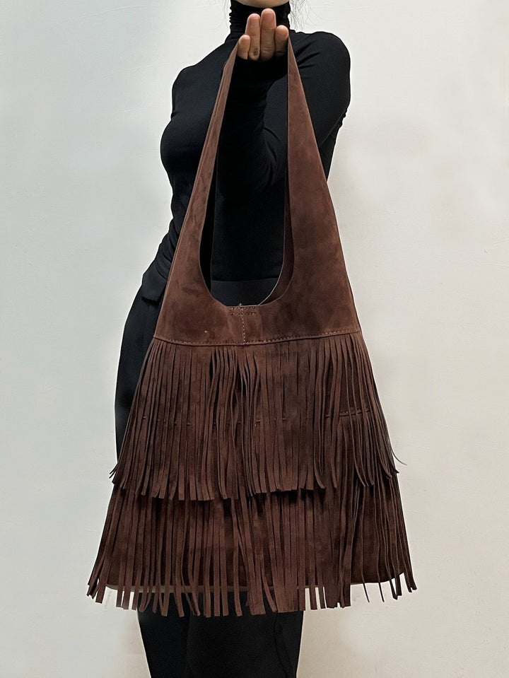 Retro versatile coffee suede tassel large bag