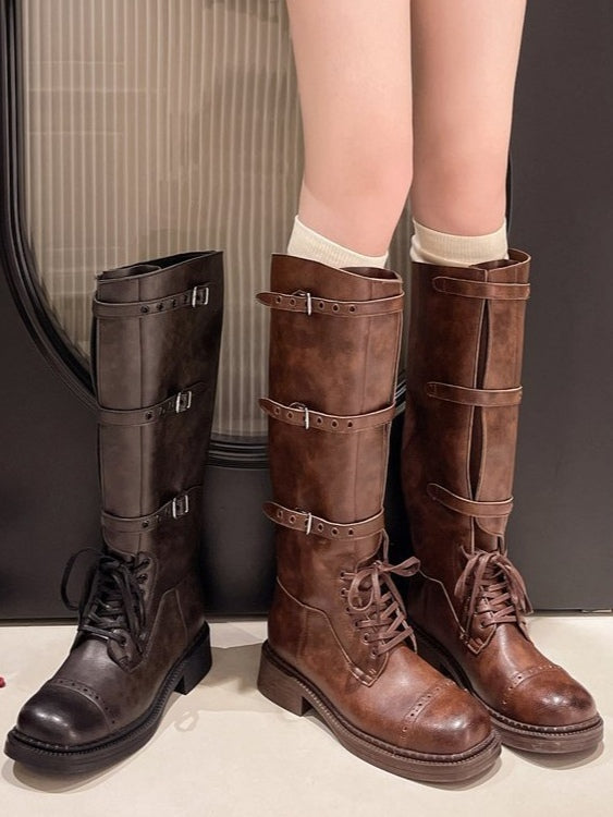 Retro distressed British square toe lace-up Martin boots