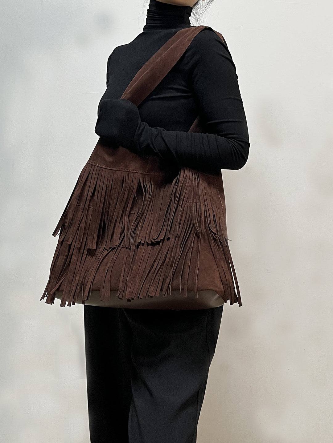 Retro versatile coffee suede tassel large bag