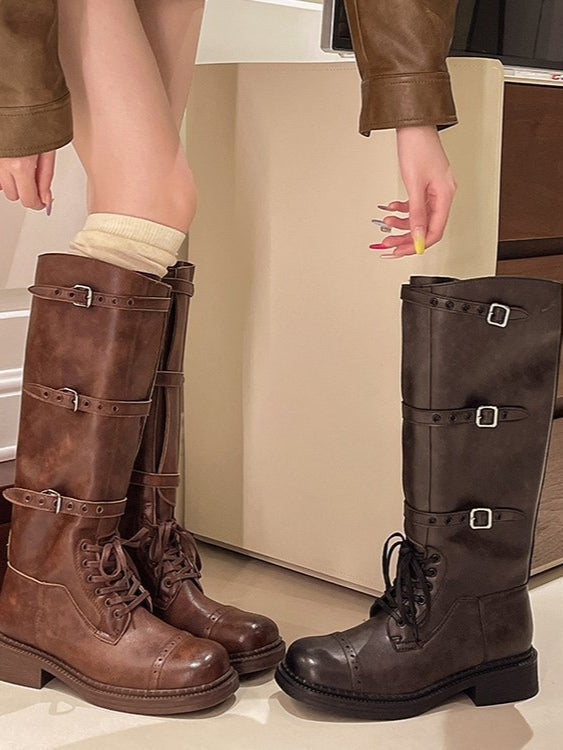 Retro distressed British square toe lace-up Martin boots