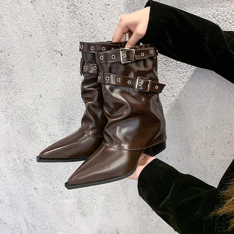 Pointed toe chunky heel retro Martin boots