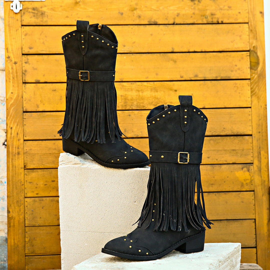 Retro tassel rivet belt knight boots