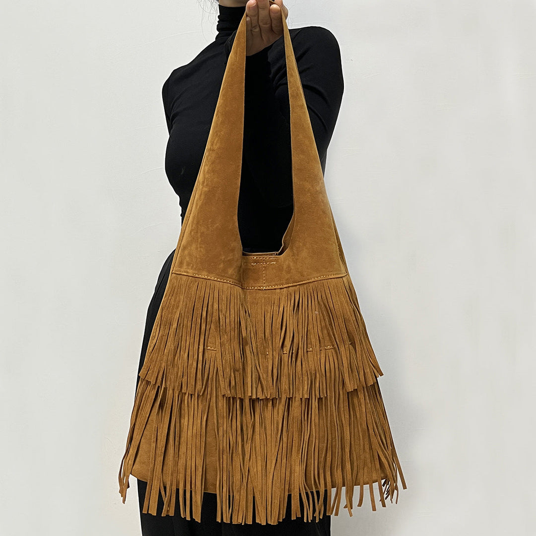 Retro versatile coffee suede tassel large bag