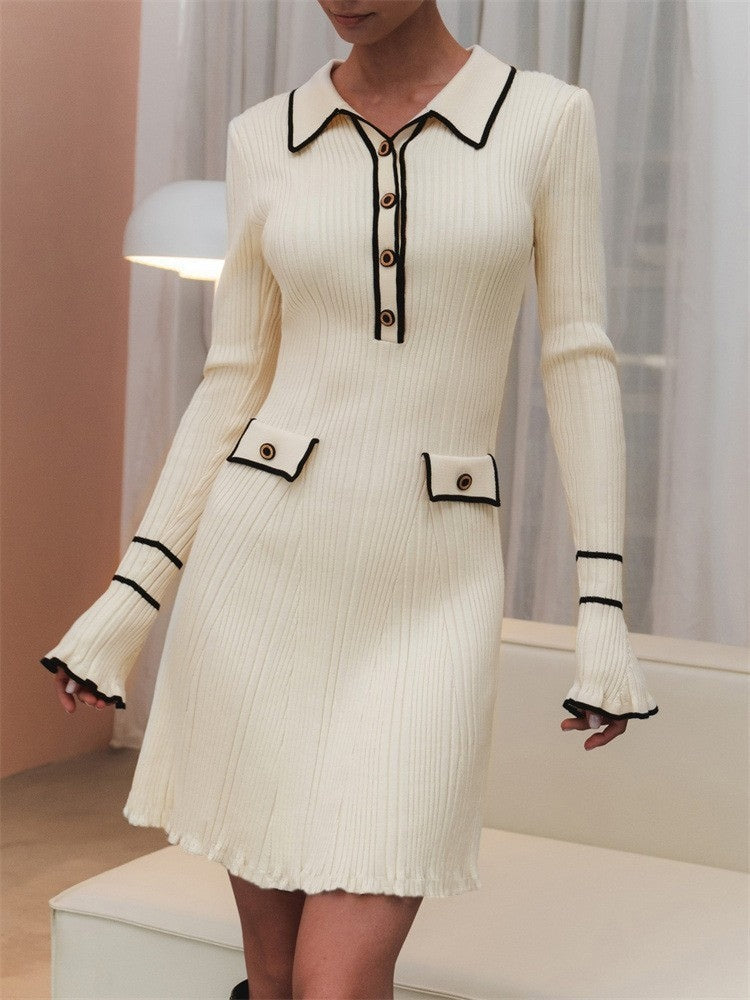 Contrast color Chanel style knitted elegant mini dress
