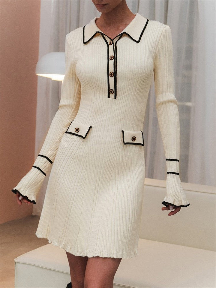 Contrast color Chanel style knitted elegant mini dress