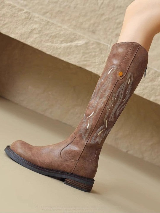 Brown embroidered back zipper long boots