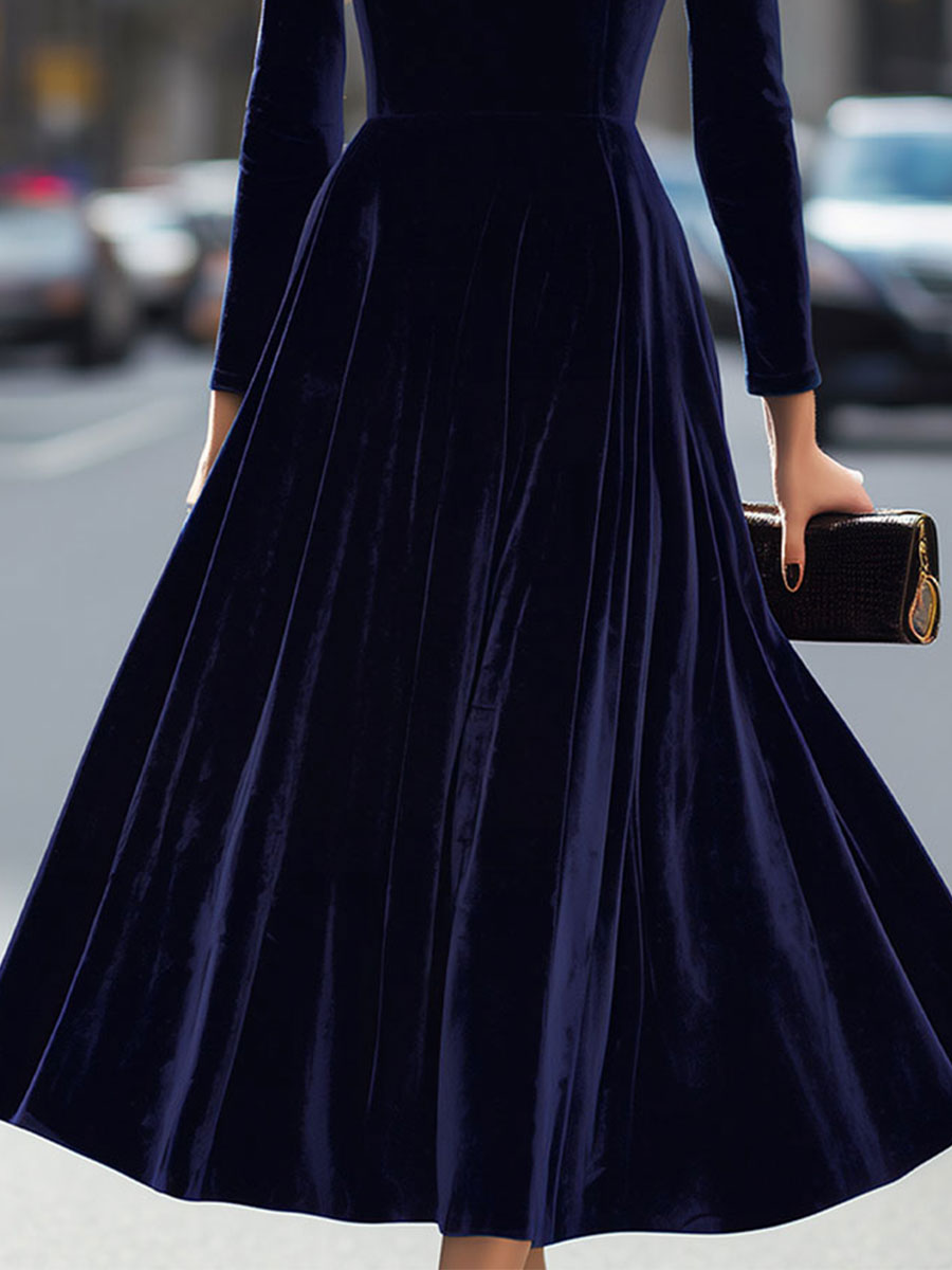 Elissa | Navy Blue Midi Dress with Long Sleeves
