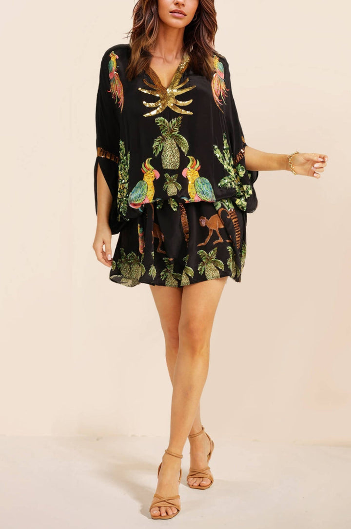 Unique Drop Shoulder Sleeve Coconut Tree Printed Dress