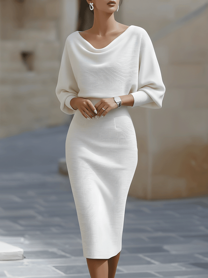 Olivia | White Midi Dress with Draped Batwing Sleeves