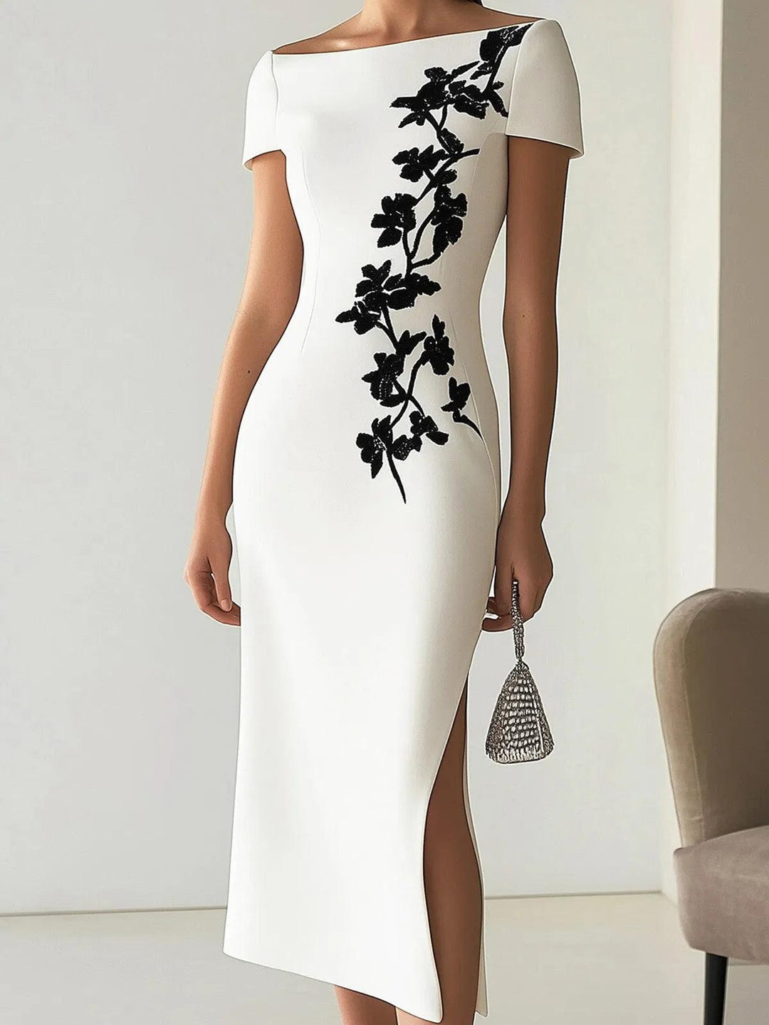 Chic Floral Print Boat Neck Midi Dress