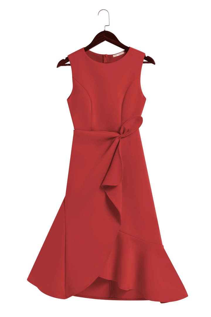 Red Sleeveless Midi Elegant A-line Dress with Waist Twist for Day-to-Night