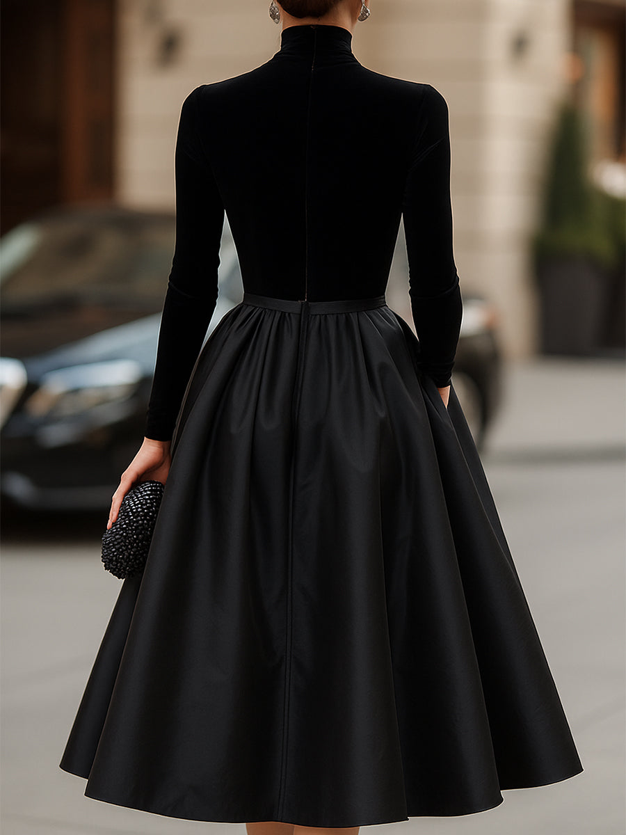Ava | Chic Black Velvet and Satin Midi Dress