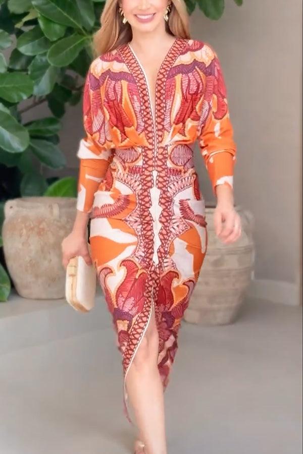 Unique Print Dolman Long Sleeve Ruched Slit Midi Dress