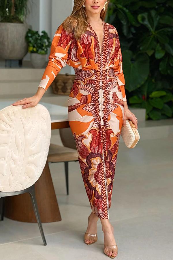 Unique Print Dolman Long Sleeve Ruched Slit Midi Dress