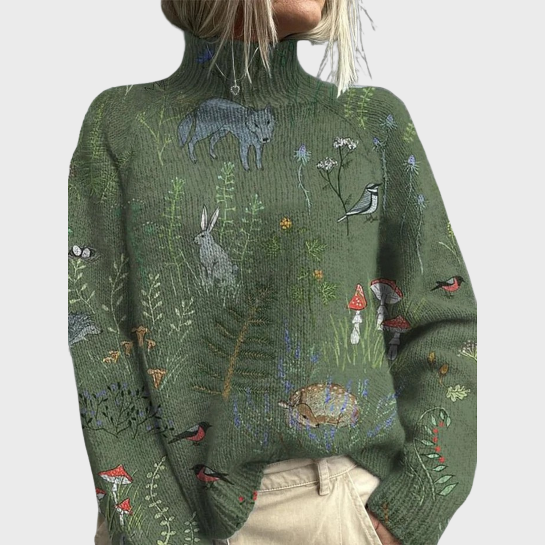 Hana Knitted Turtleneck Sweater – Warm, Stylish Forest Animal Print