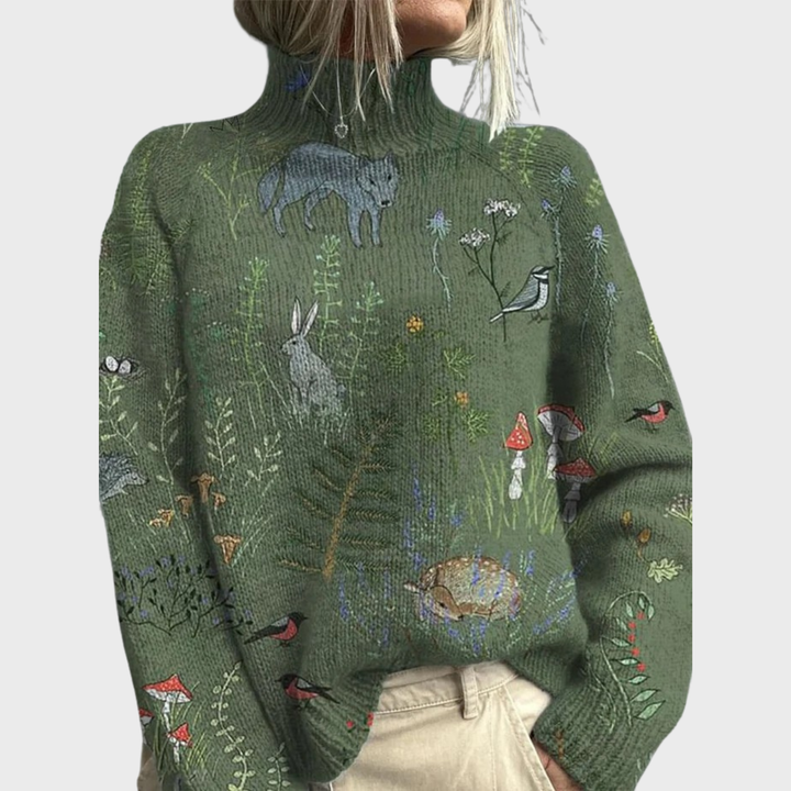 Hana Knitted Turtleneck Sweater – Warm, Stylish Forest Animal Print