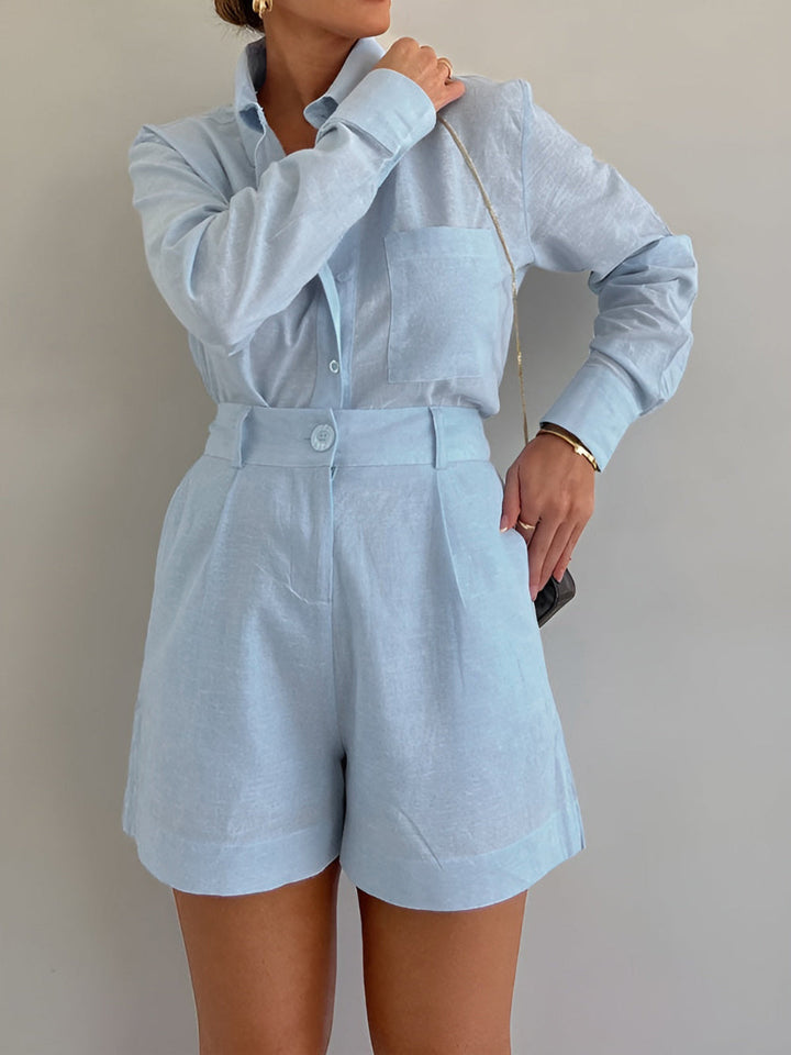 Cotton and Linen Long Sleeve Loose Shorts Set