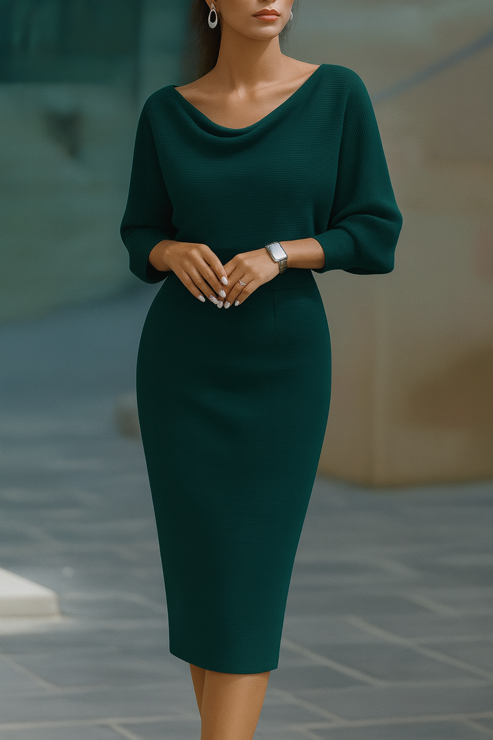 Olivia | White Midi Dress with Draped Batwing Sleeves