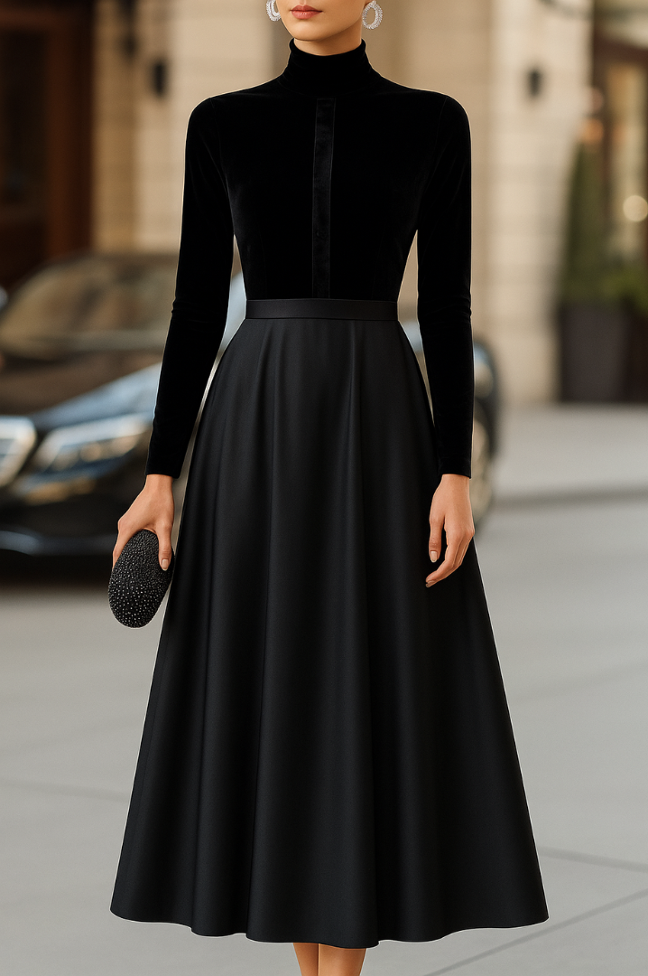 Ava | Chic Black Velvet and Satin Midi Dress