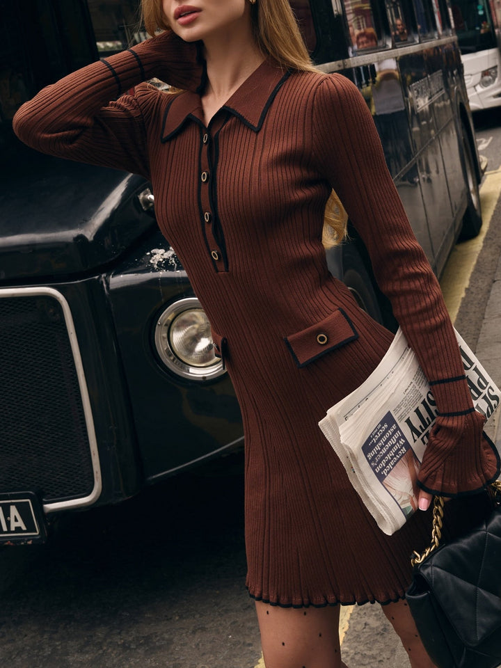 Contrast color Chanel style knitted elegant mini dress