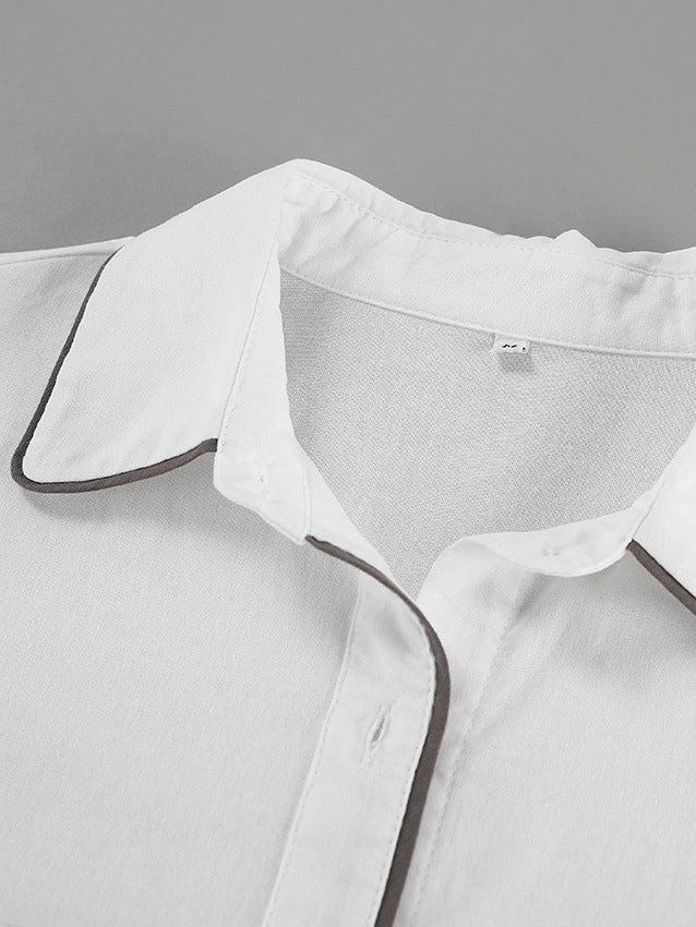 Black an White Contrast Cotton and Linen Shirt and Shorts Two-piece Set