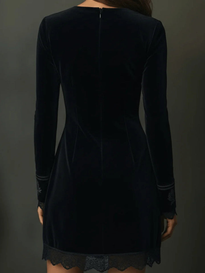 Retro Black Velvet Embroidered Lace Trim Mini Dress