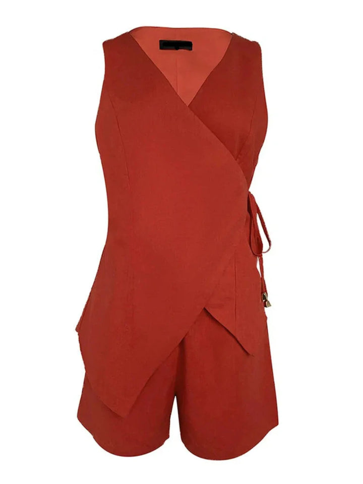 Linen Sleeveless V-neck Top and Loose Shorts Set