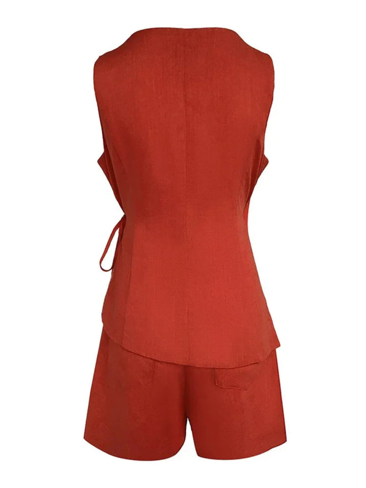 Linen Sleeveless V-neck Top and Loose Shorts Set