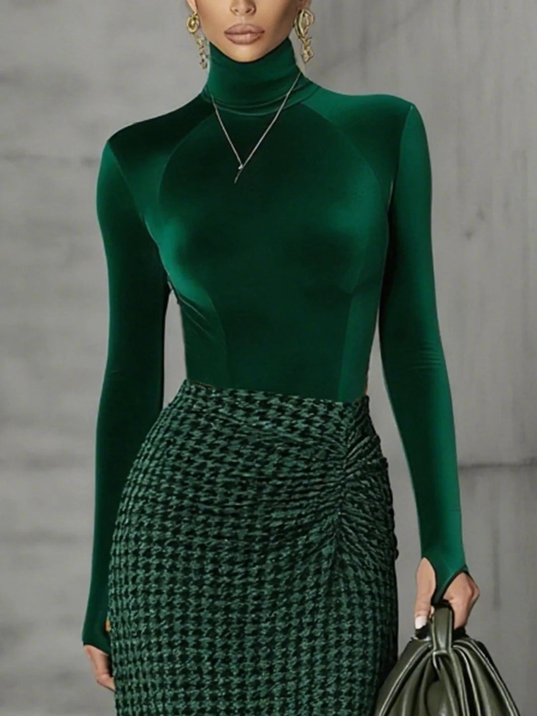 Green turtleneck top and houndstooth skirt set