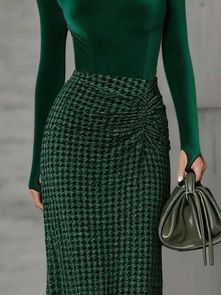 Green turtleneck top and houndstooth skirt set