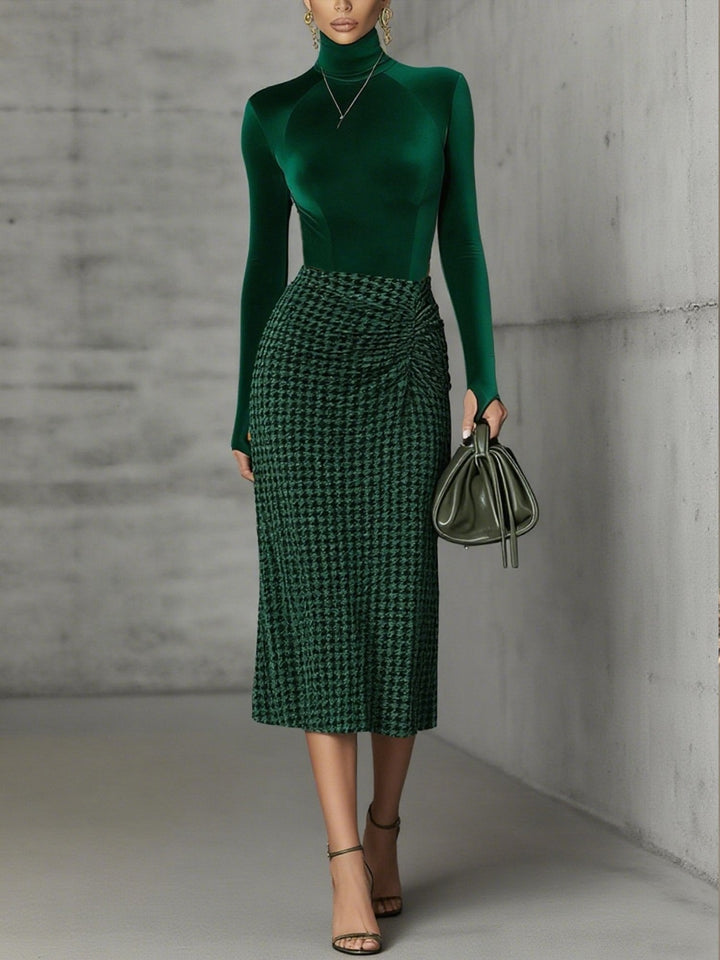 Green turtleneck top and houndstooth skirt set
