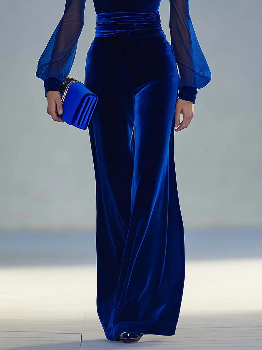 Retro elegant V-neck mesh long-sleeved royal velvet jumpsuit