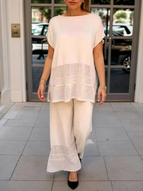 Hollow Crew Neck Short-sleeved Top and Wide-leg Pants Set