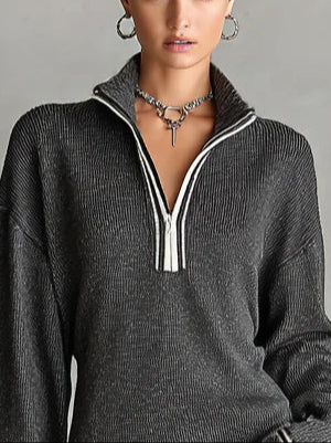 Fashion Loose Knit White Trim Zipper Polo Neck Mini Dress