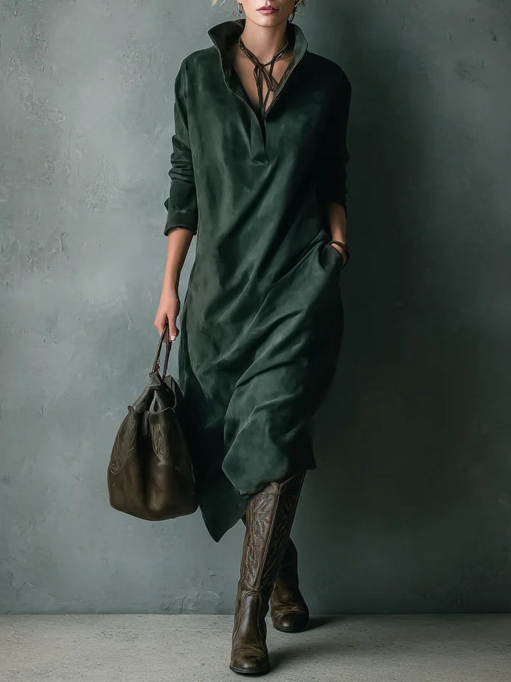 Green Loose Suede Lapel Long Sleeve Midi Dress