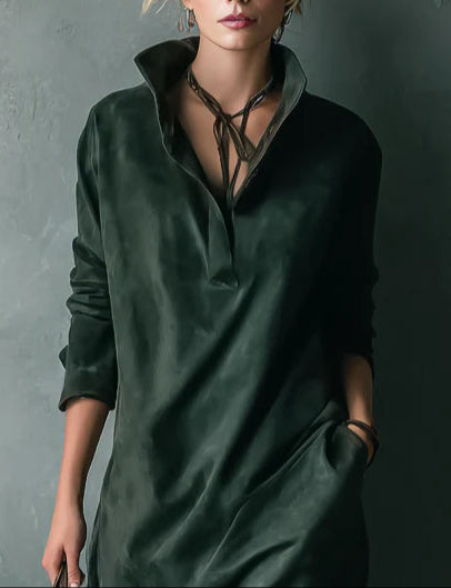 Green Loose Suede Lapel Long Sleeve Midi Dress