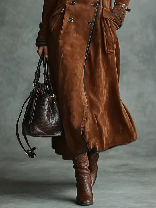 Double-breasted lapel long coat with suede and black trim