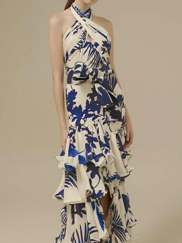 Blue and White Floral Halter Neck Backless Layered Ruffle Maxi Dress
