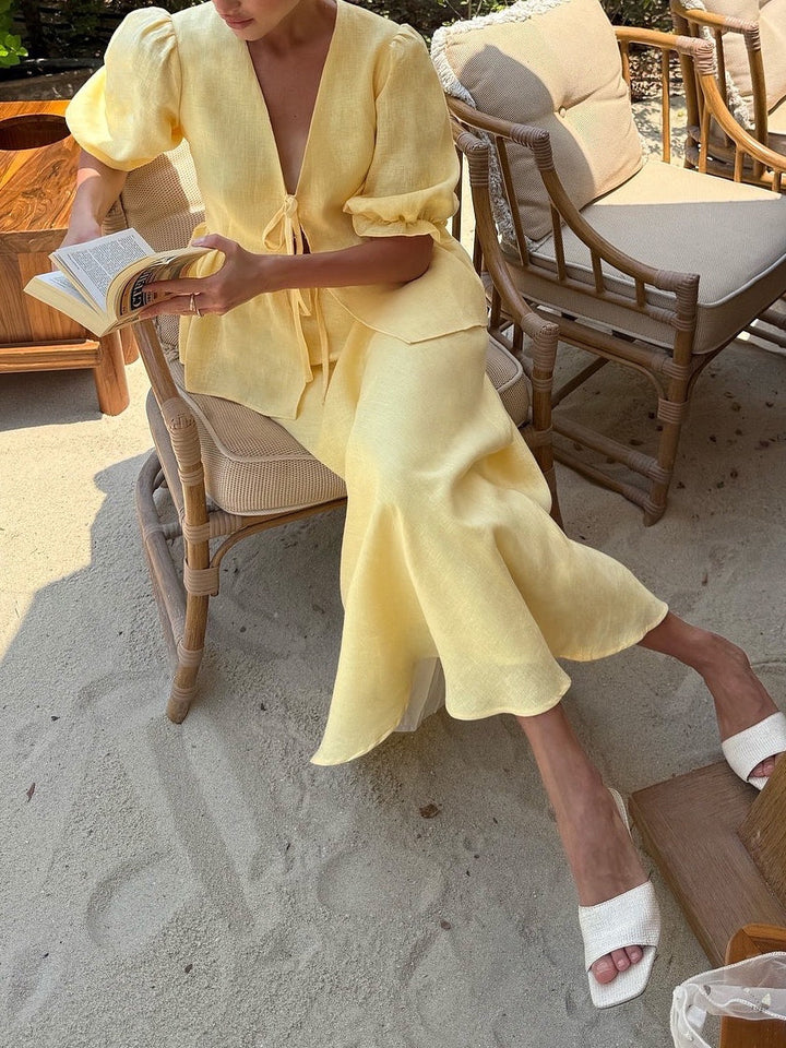 Yellow V-neck Mid-sleeve Top High Waist Skirt Linen Suit