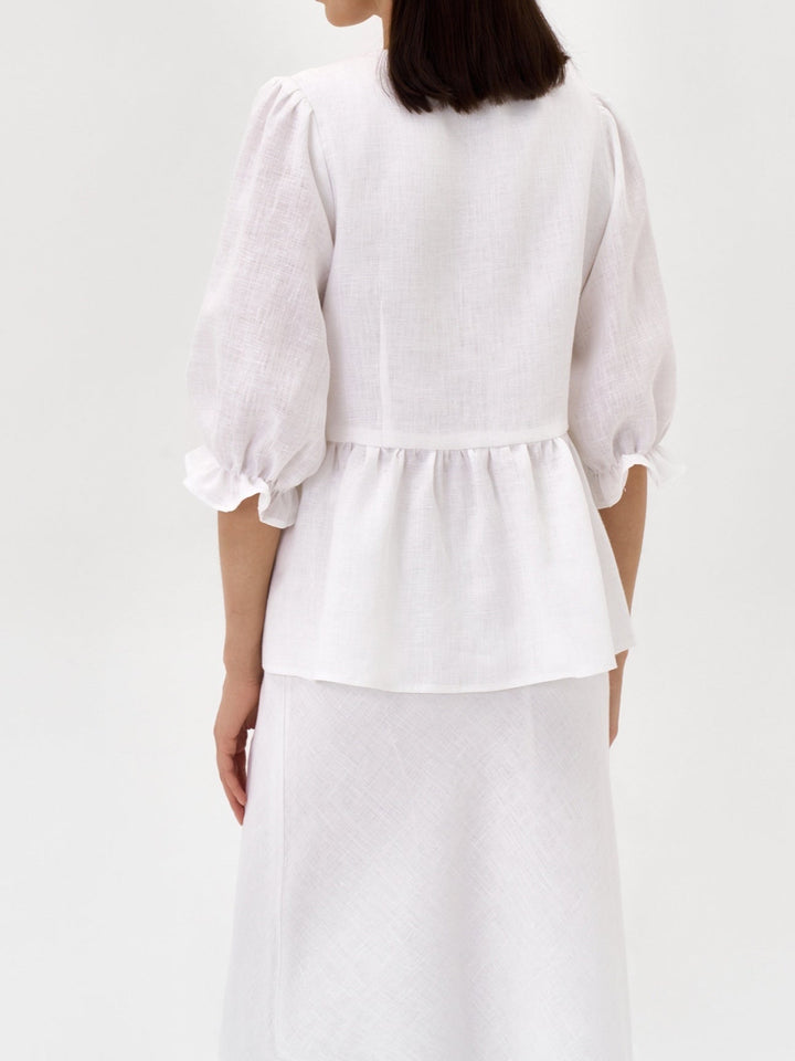 Yellow V-neck Mid-sleeve Top High Waist Skirt Linen Suit