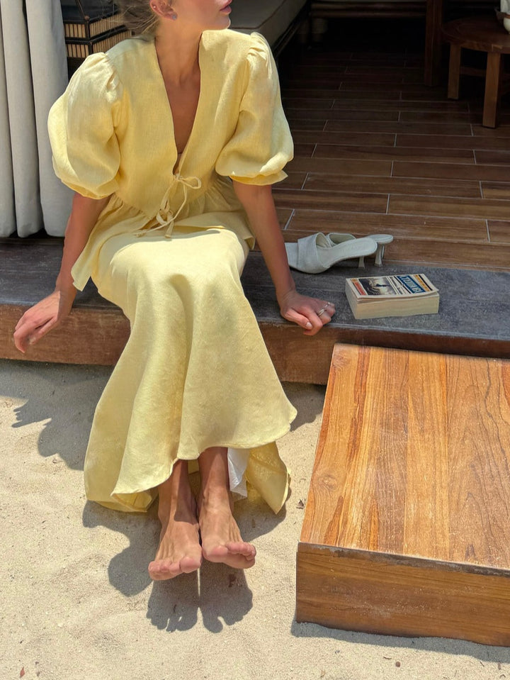 Yellow V-neck Mid-sleeve Top High Waist Skirt Linen Suit