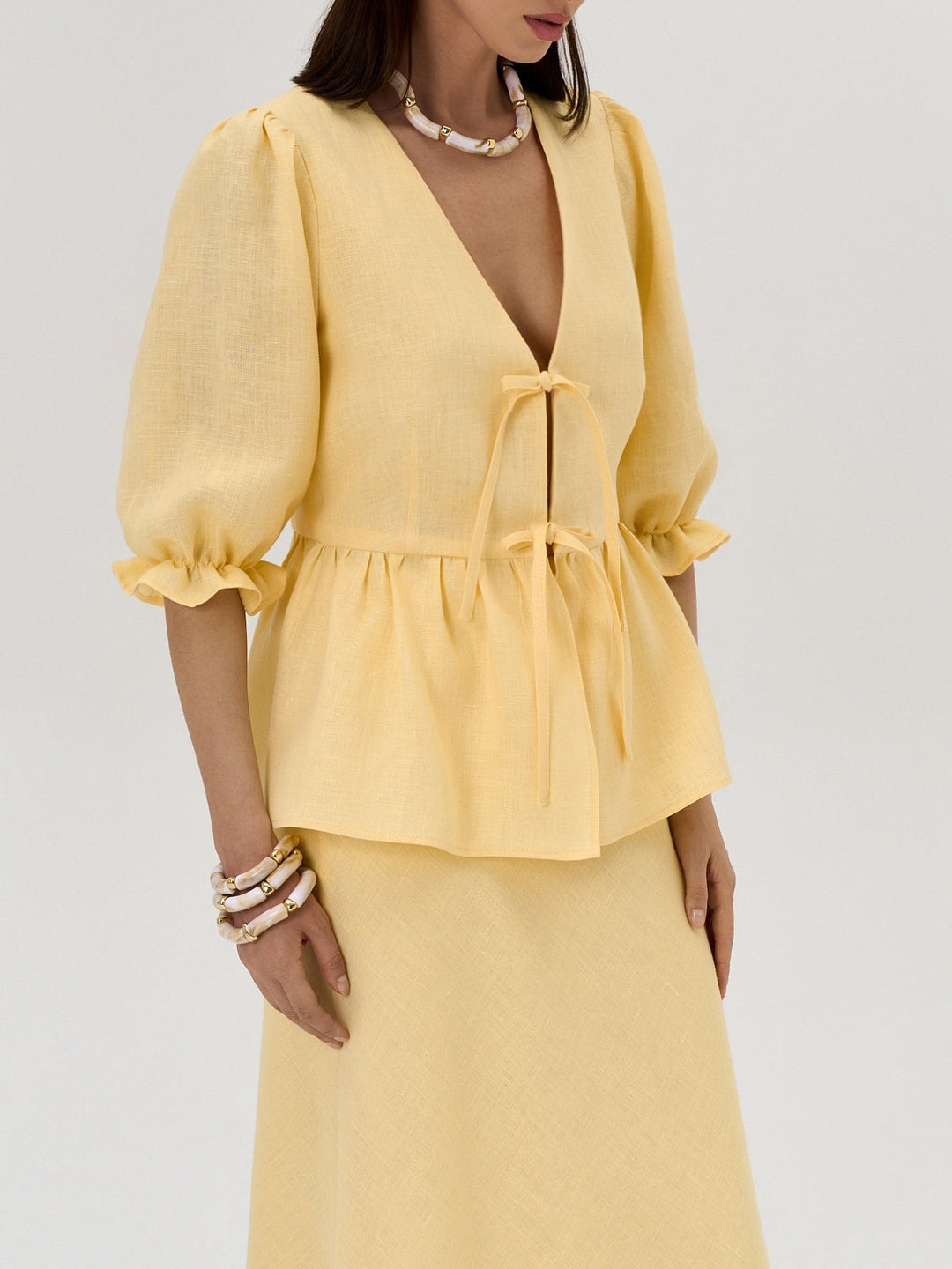 Yellow V-neck Mid-sleeve Top High Waist Skirt Linen Suit