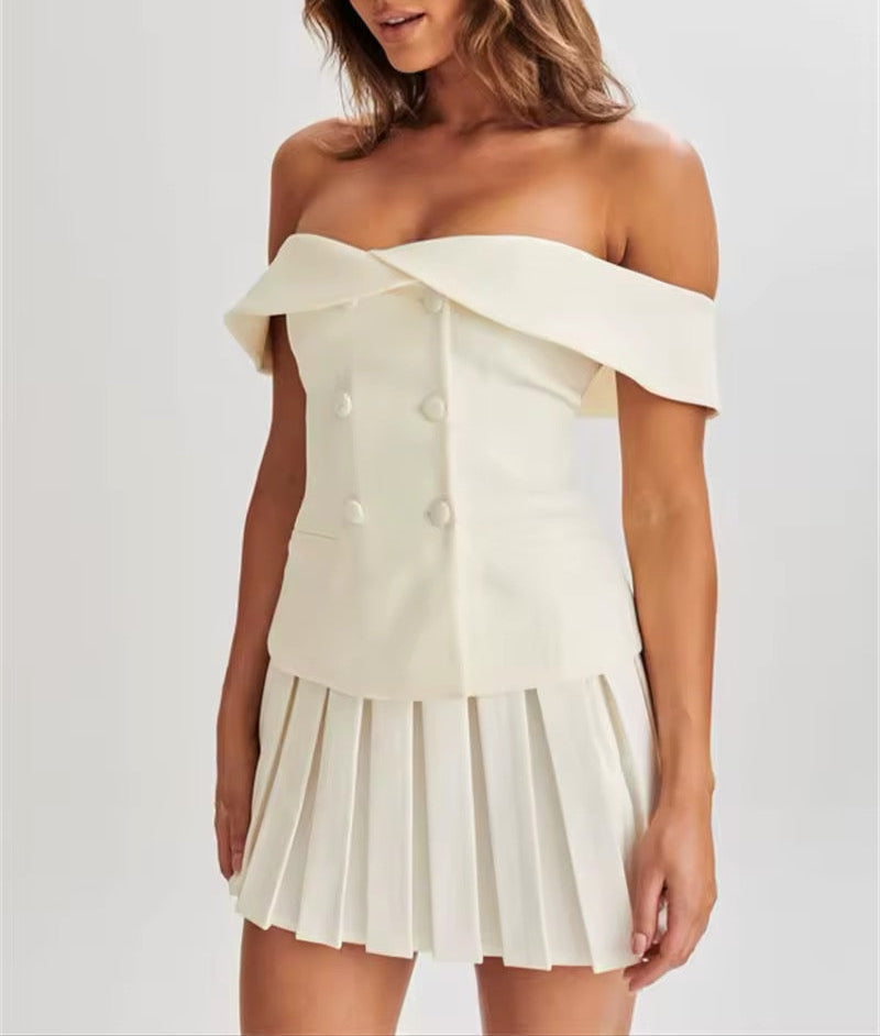 One-shoulder Suit Top With Pleated Skirt Suit
