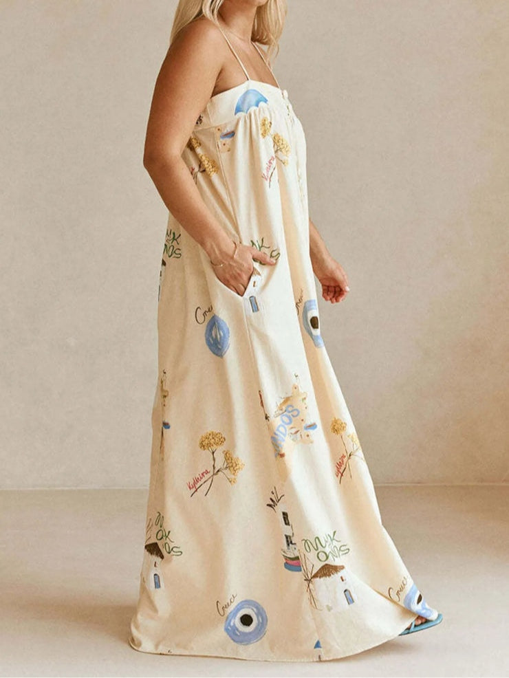 Strapless Square Neck Printed Maxi Dress