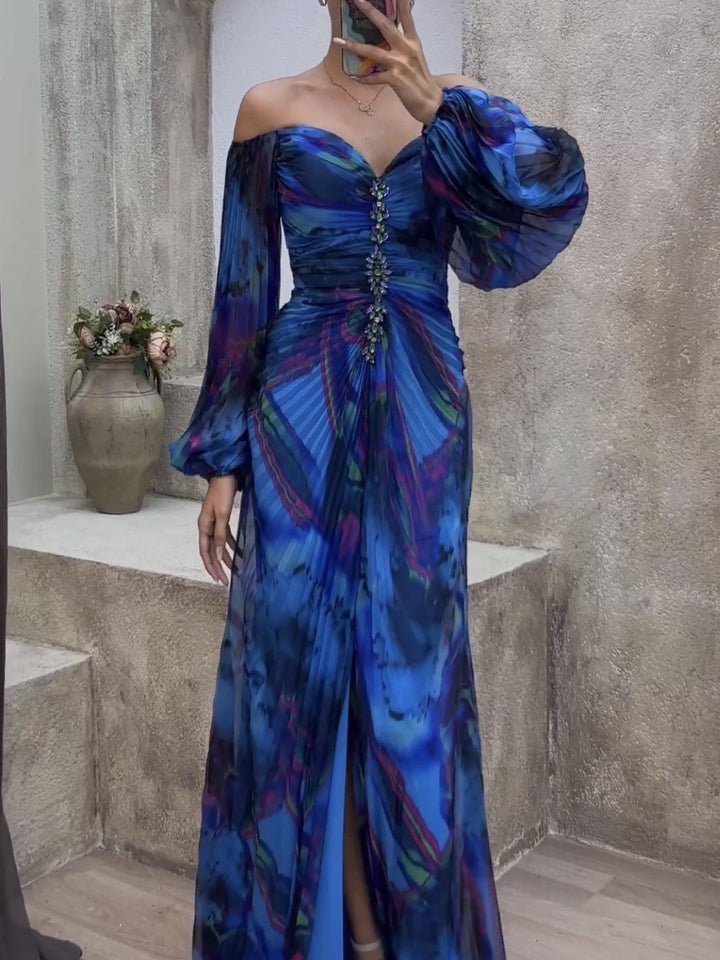 Off-the-shoulder Diamond-embellished Pleated Fitted Slit Maxi Dress