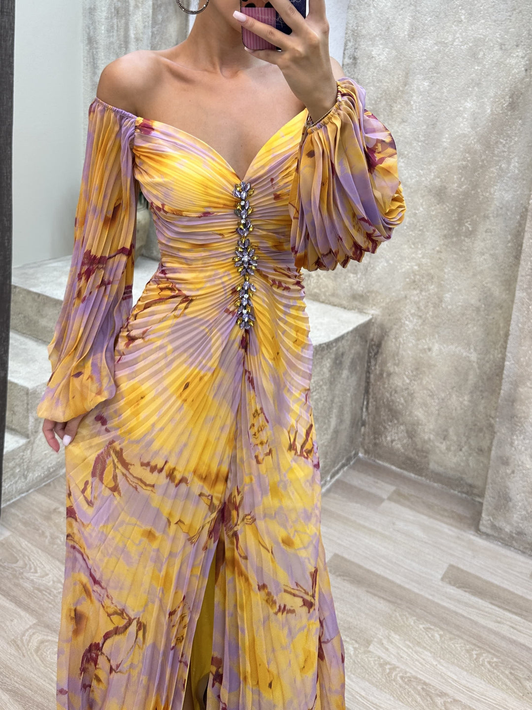 Off-the-shoulder Diamond-embellished Pleated Fitted Slit Maxi Dress