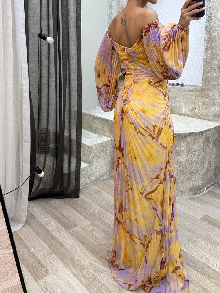 Off-the-shoulder Diamond-embellished Pleated Fitted Slit Maxi Dress