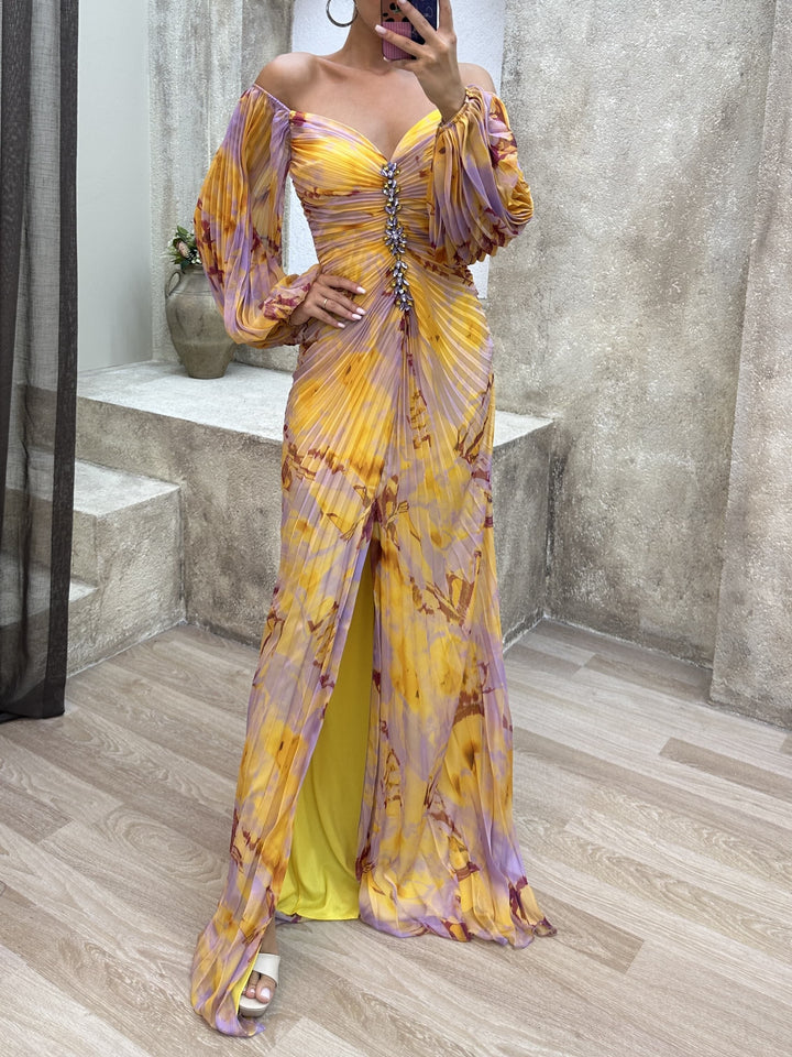 Off-the-shoulder Diamond-embellished Pleated Fitted Slit Maxi Dress