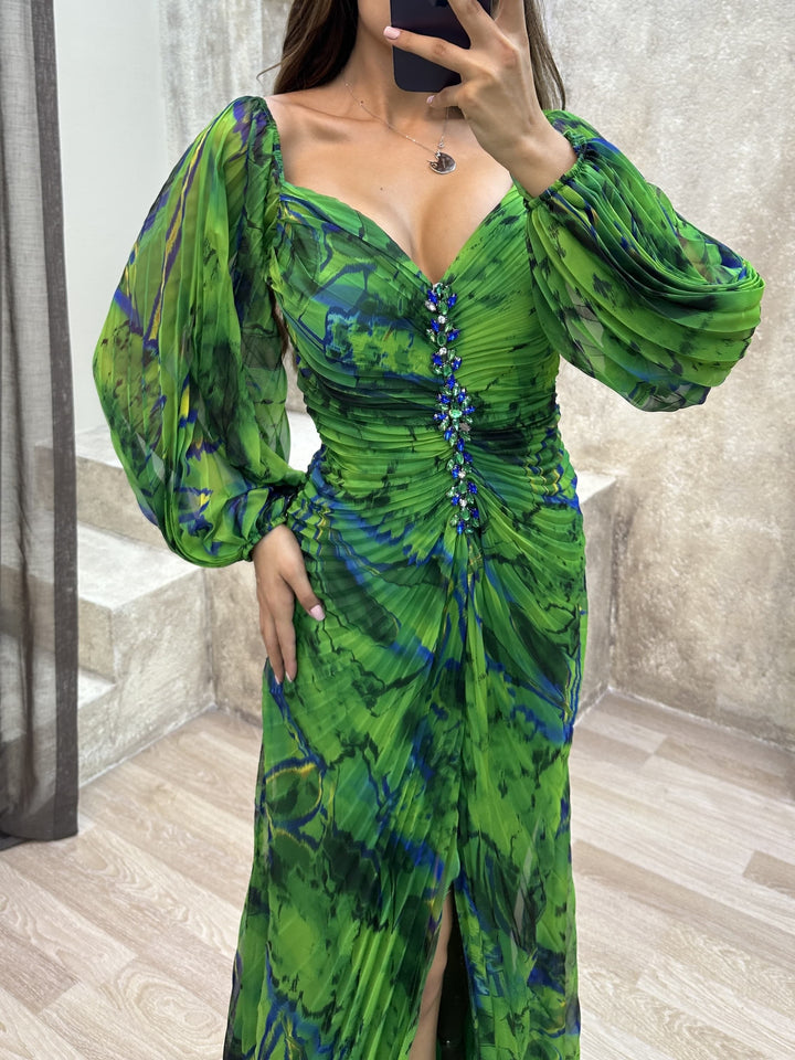 Off-the-shoulder Diamond-embellished Pleated Fitted Slit Maxi Dress